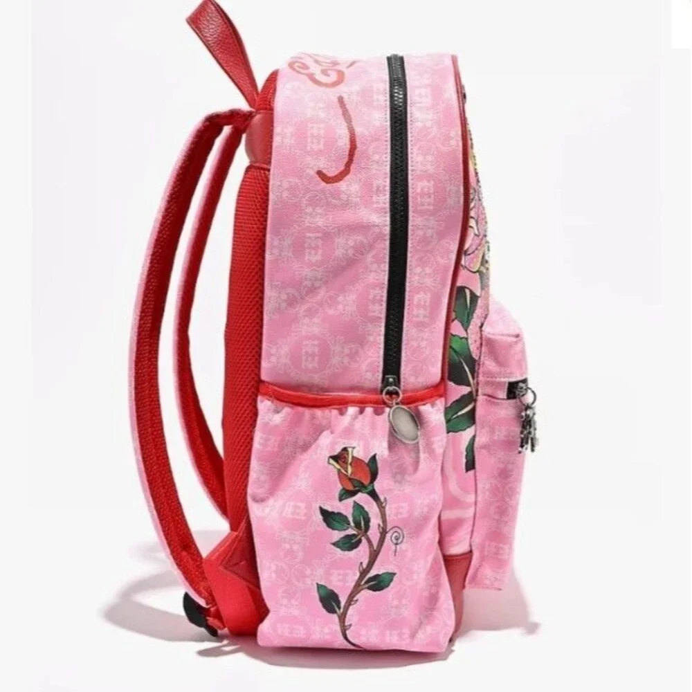 Ed Hardy Pink Faux Leather Leopard Tattoo Print Rhinestone Studded Backpack NEW!